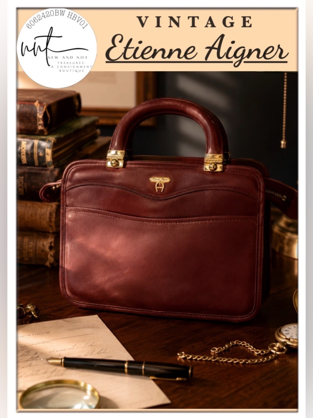 Vintage Etienne Aigner Burgundy Leather Top Handle Briefcase Slim Purse Mirror